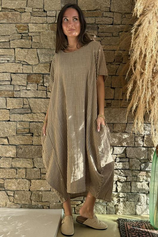 Salcombe Chalk Stripe Cotton Cocoon Dress Tan